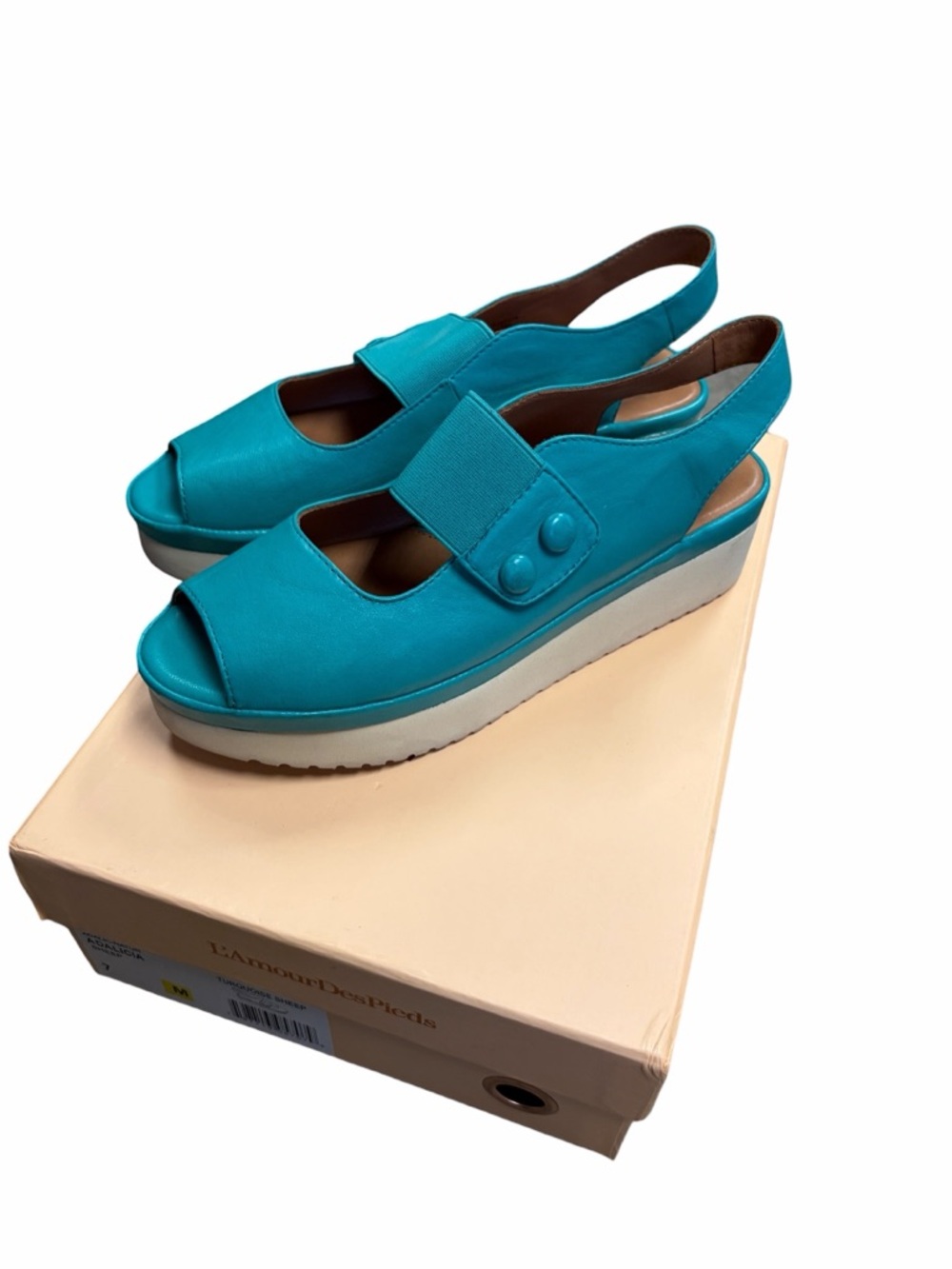 L'Amour des Pieds Adelicia Turquoise Leather Slingback Platform Sandals 7